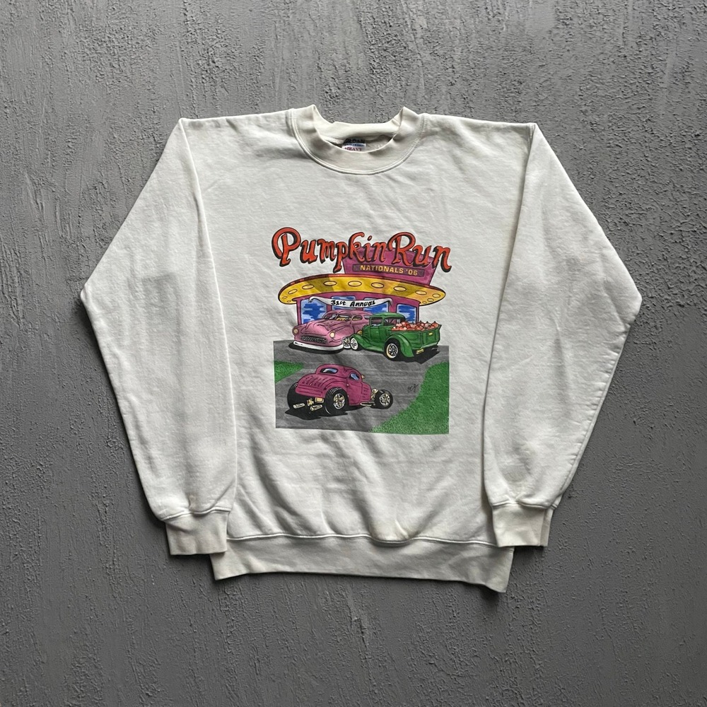 Vintage Pumpkin Run Hot Rod Sweatshirt Mens Small White 2000s